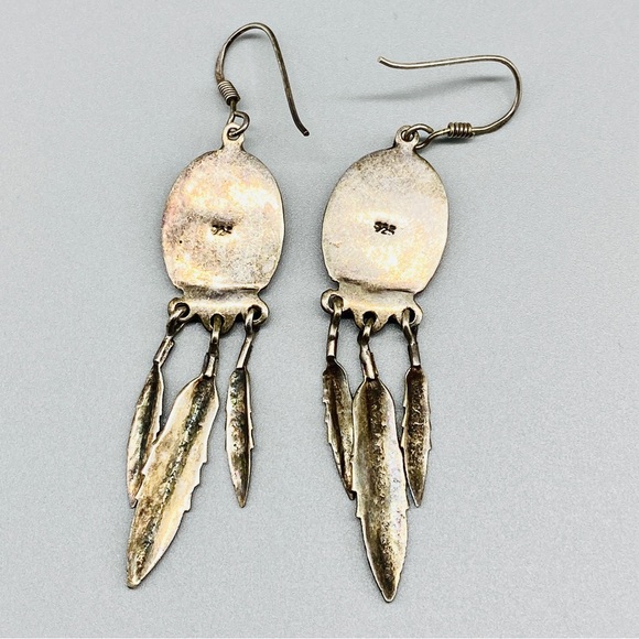 Vintage Sterling Silver Earrings Southwest Style with Shield & Feathers - Picture 6 of 10